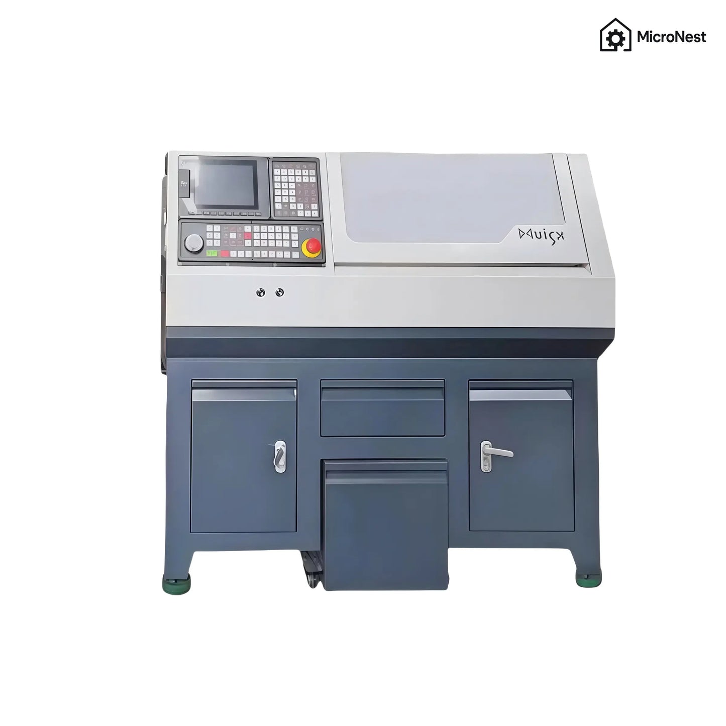 Small CNC Lathe CNC210 by MicroNest - Low Angle View Highlighting Solid Base and Design