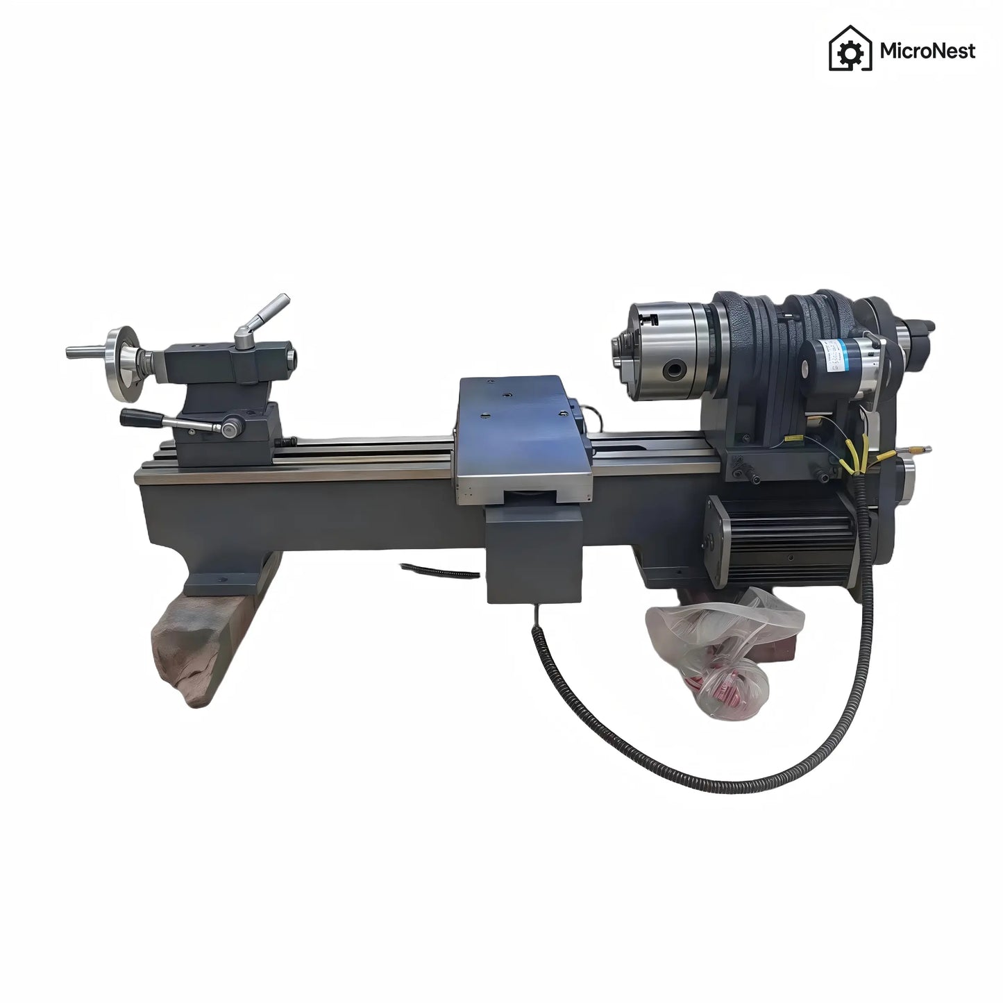 CNC210 Mini CNC Lathe by MicroNest - Core Mechanical Components Display including Headstock and Tailstock