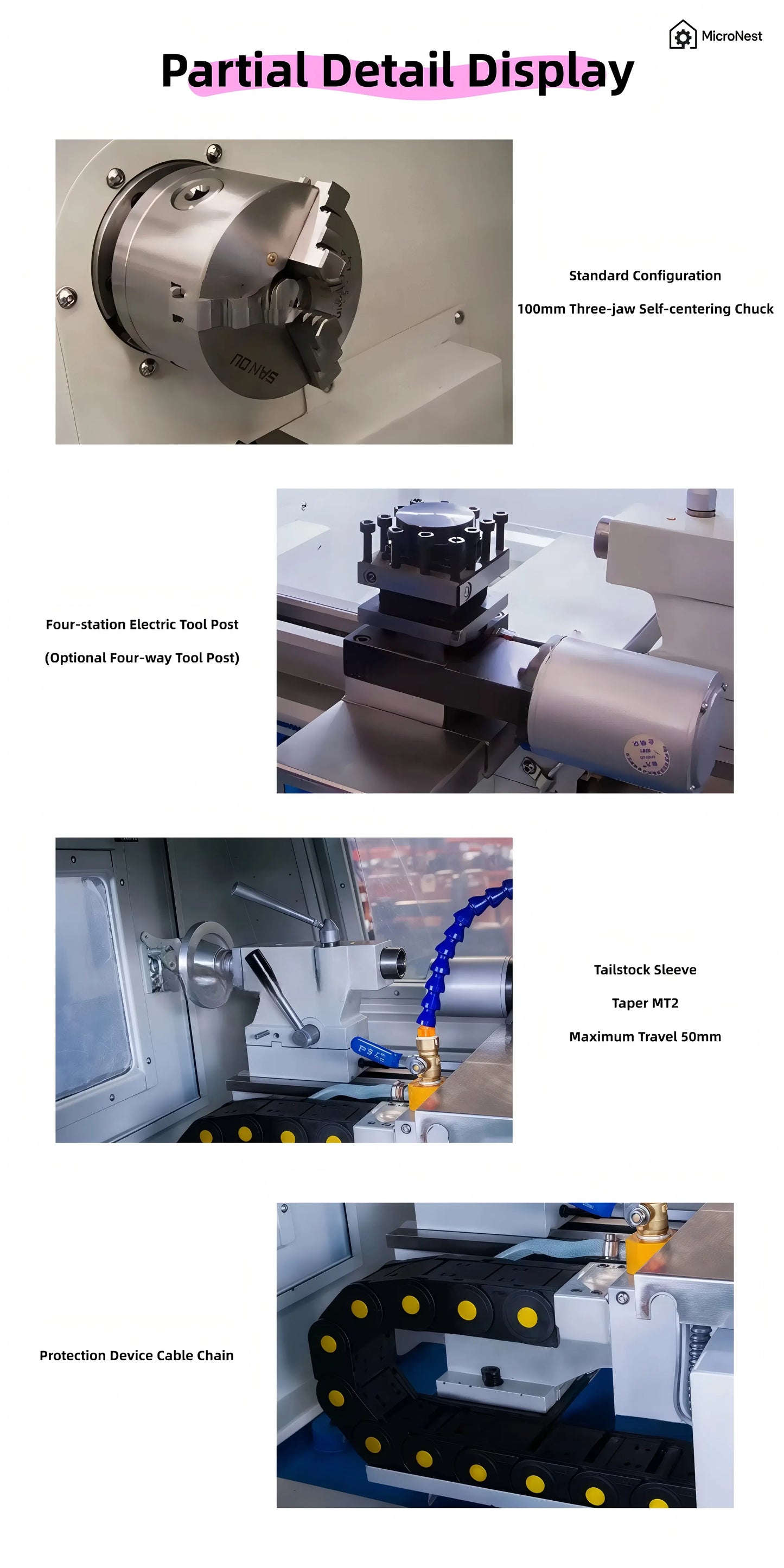 CNC210 Mini CNC Lathe by MicroNest - Partial Detail Display of Chuck, Tool Rest, Tailstock, and Cable Chain