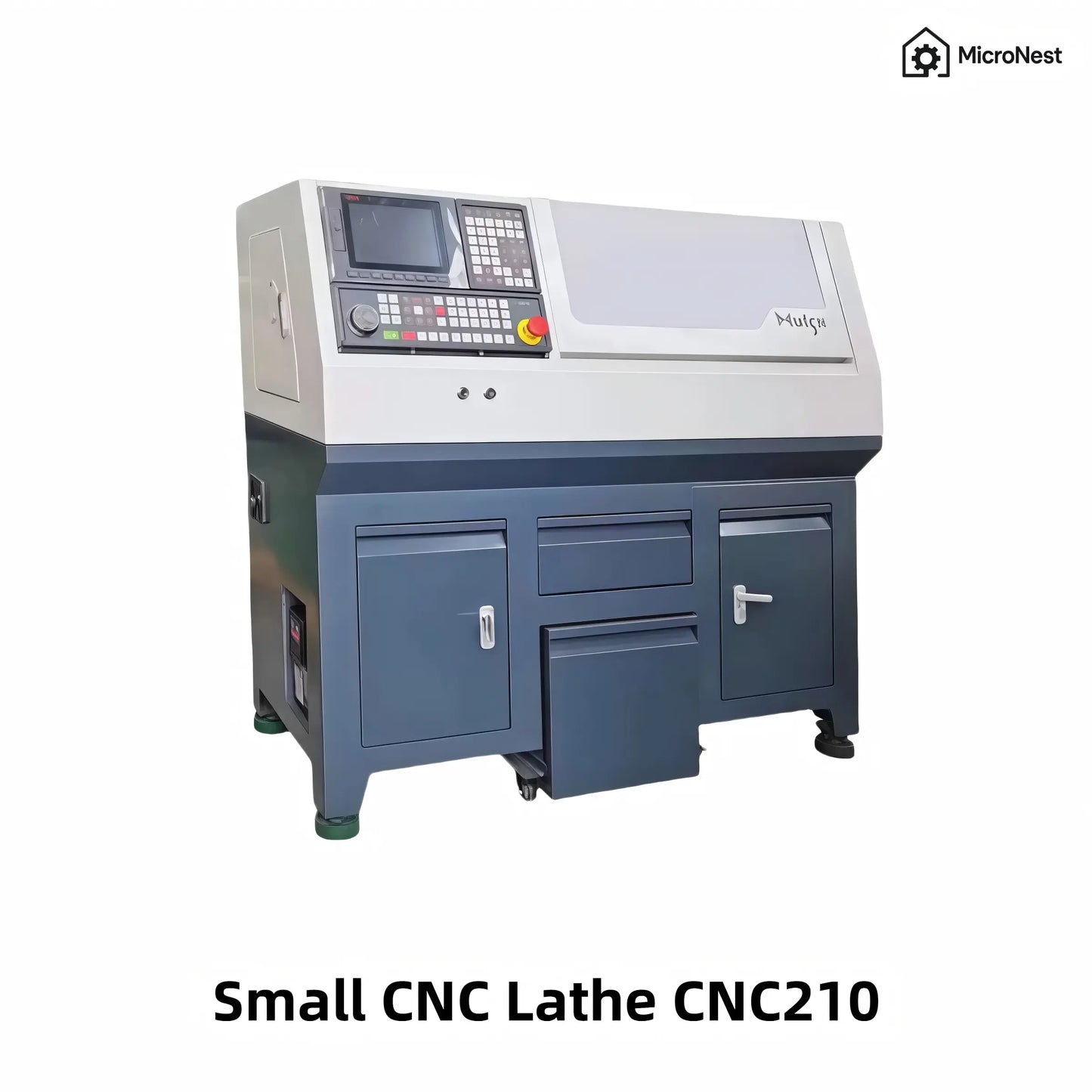Small CNC Lathe CNC210 by MicroNest - Angled View Highlighting Compact Design and Control Panel