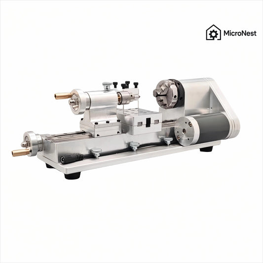 MicroNest Compact Mini Metal Lathe showcasing its modular design and core components