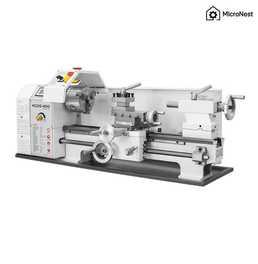 MicroNest HC210-400 Mini Metal Lathe side view showcasing compact design