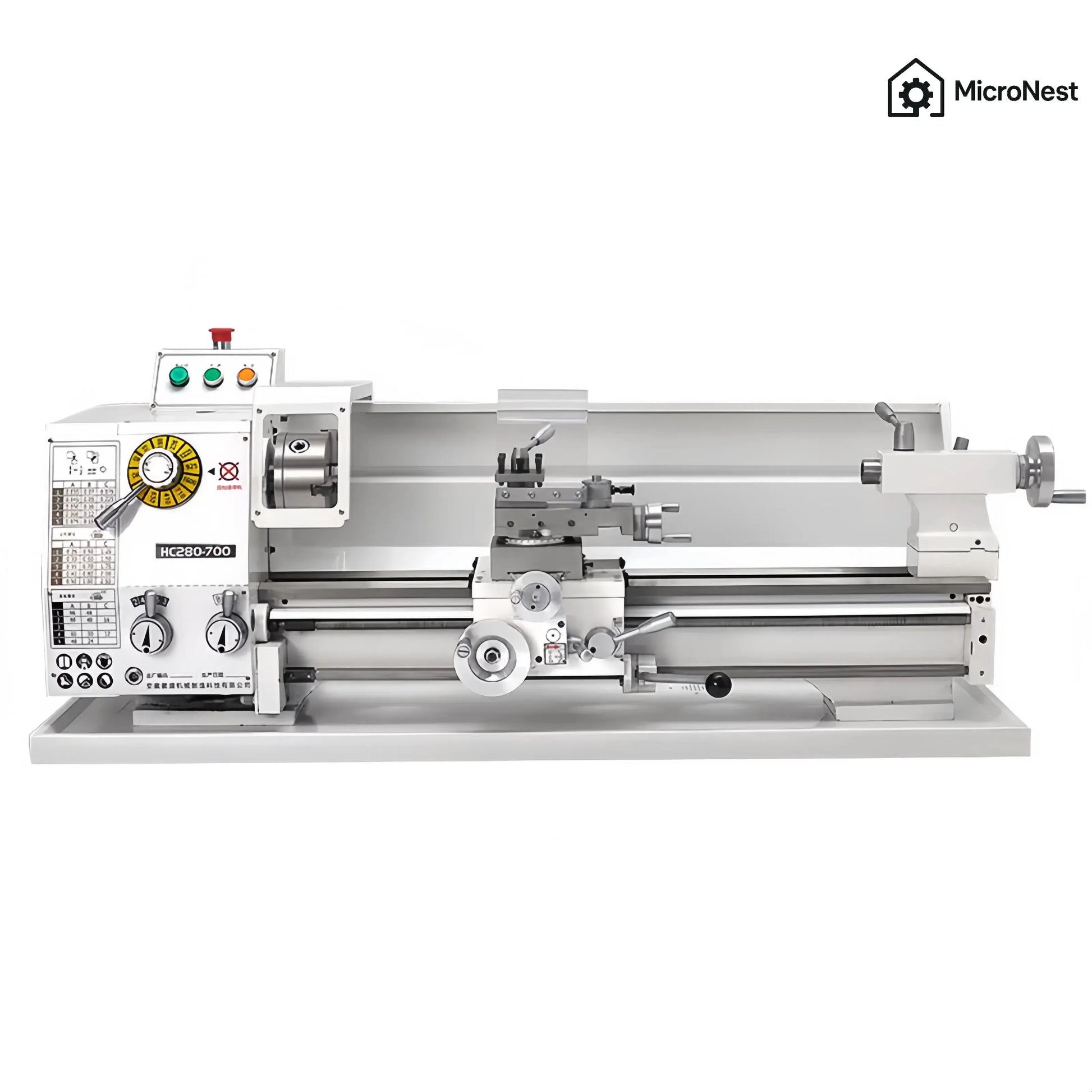 MicroNest HC280-700 Precision Variable-Speed Metal Lathe front view showing control panel and full bed