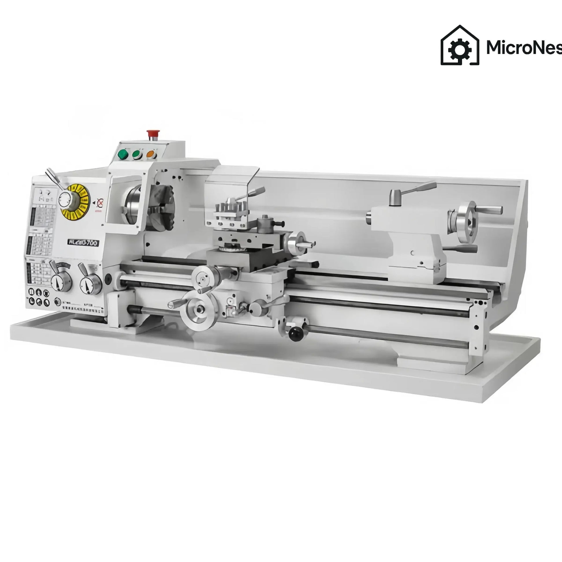 MicroNest HC280-700 Precision Variable-Speed Metal Lathe side view showcasing its robust design