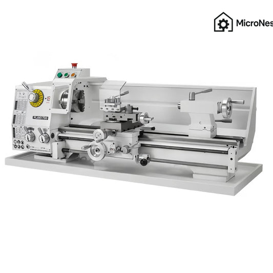 MicroNest HC280-700 Precision Variable-Speed Metal Lathe side view showcasing its robust design