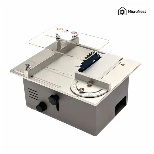 MicroNest Mini Table Saw in silver color, showcasing its compact design and precise cutting components