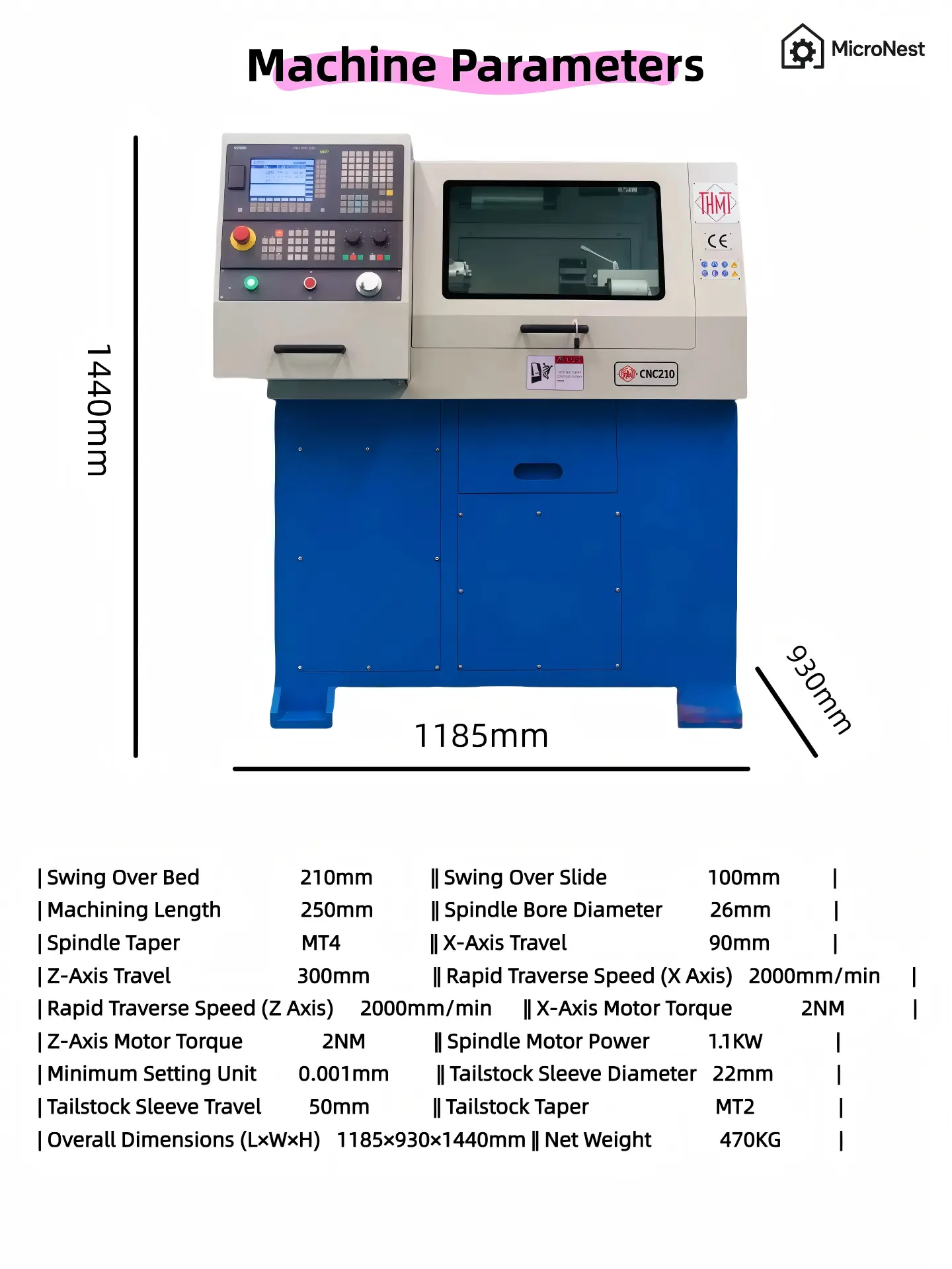 CNC210 Mini CNC Lathe by MicroNest - Detailed Machine Parameters and Overall Dimensions