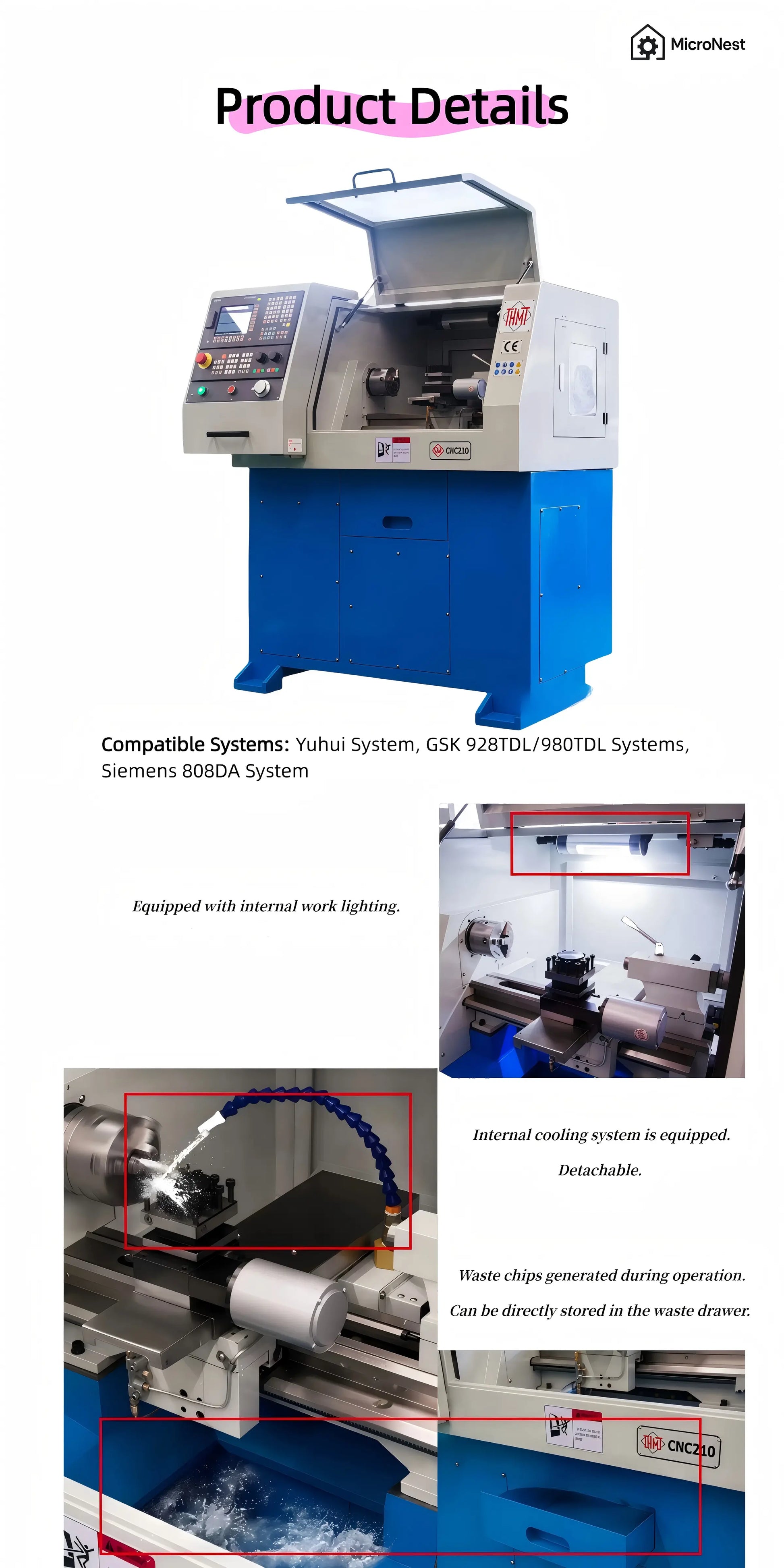 CNC210 Mini CNC Lathe by MicroNest - Detailed Product Features, Compatible Systems, and Work Area Lighting